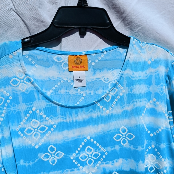 Ruby Rd. Aqua blue tie dye women's top 3/4 tie sleeves size Large Modest New - Picture 5 of 6